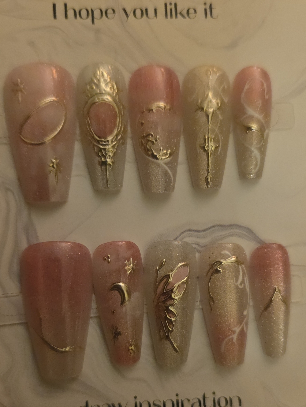 Handcrafted Pink & Gold Press-On Nail Set - Med